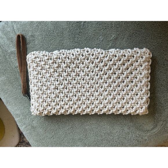 Macrame Lined Hand Bag Cream Clutch Purse Leather Strap Made In India Preloved - Picture 4 of 10